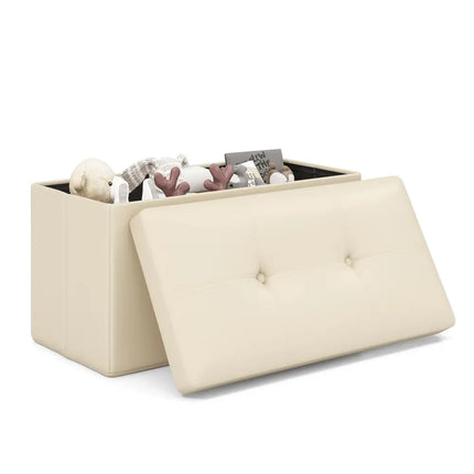 Upholstered Rectangle Footstool with PVC Leather Surface and Storage Function-White - White - Shoe Racks & Storage