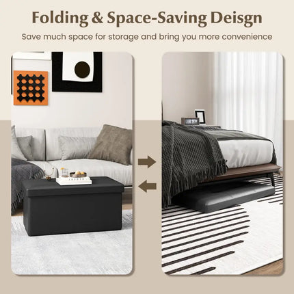 Upholstered Rectangle Footstool with PVC Leather Surface and Storage Function-Black - Black - Shoe Racks & Storage
