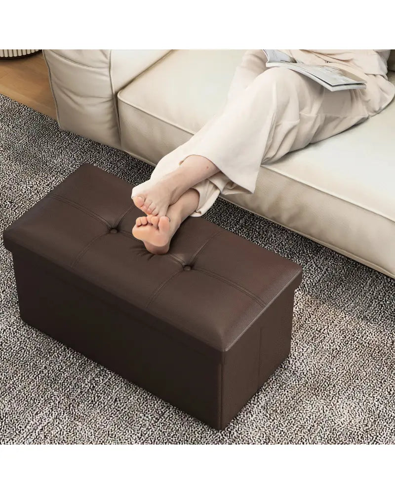 Upholstered Rectangle Footstool with PVC Leather Surface and Storage Function-Brown - Brown - Shoe Racks & Storage