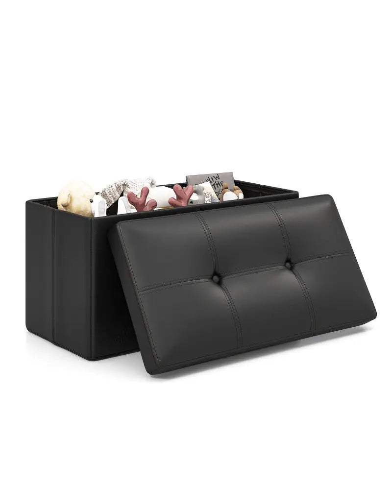 Upholstered Rectangle Footstool with PVC Leather Surface and Storage Function-Black - Black - Shoe Racks & Storage
