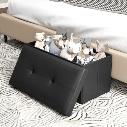 Upholstered Rectangle Footstool with PVC Leather Surface and Storage Function-Black - Black - Shoe Racks & Storage