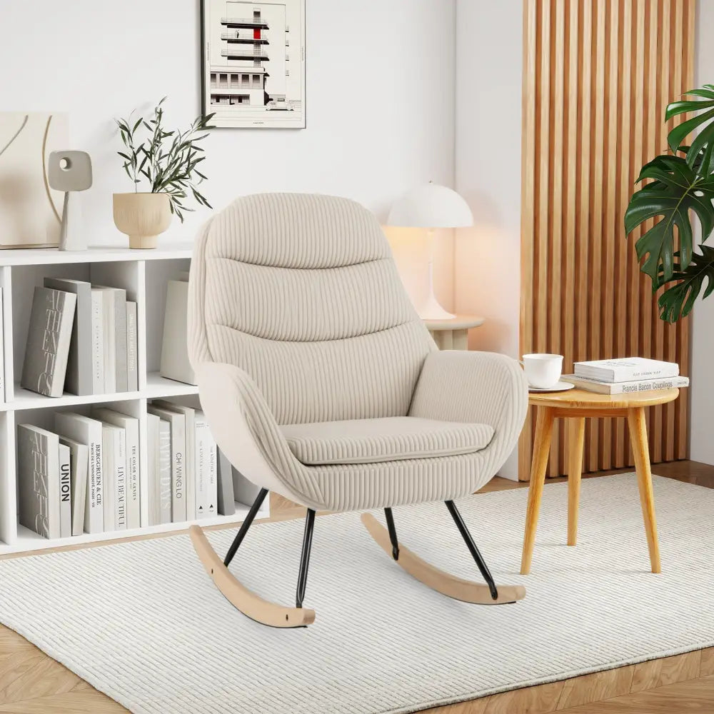Upholstered Rocking Chair Nursery Glider Rocker with Padded Backrest and Seat-Beige - Beige - Chairs