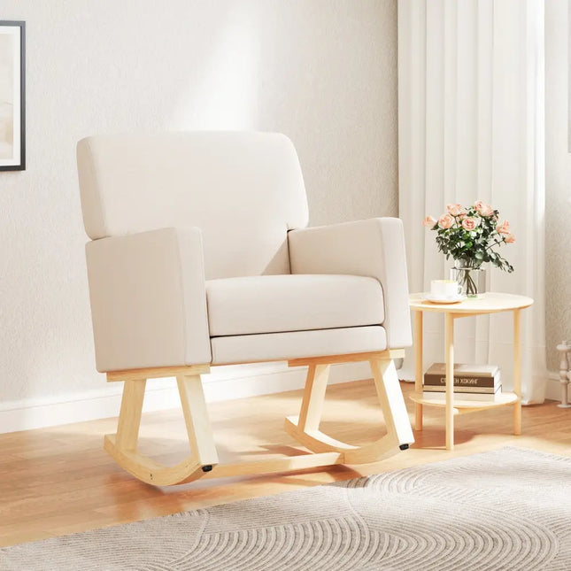 Upholstered Rocking Chair with and Solid Wood Base-Beige - Beige - Accent Chairs