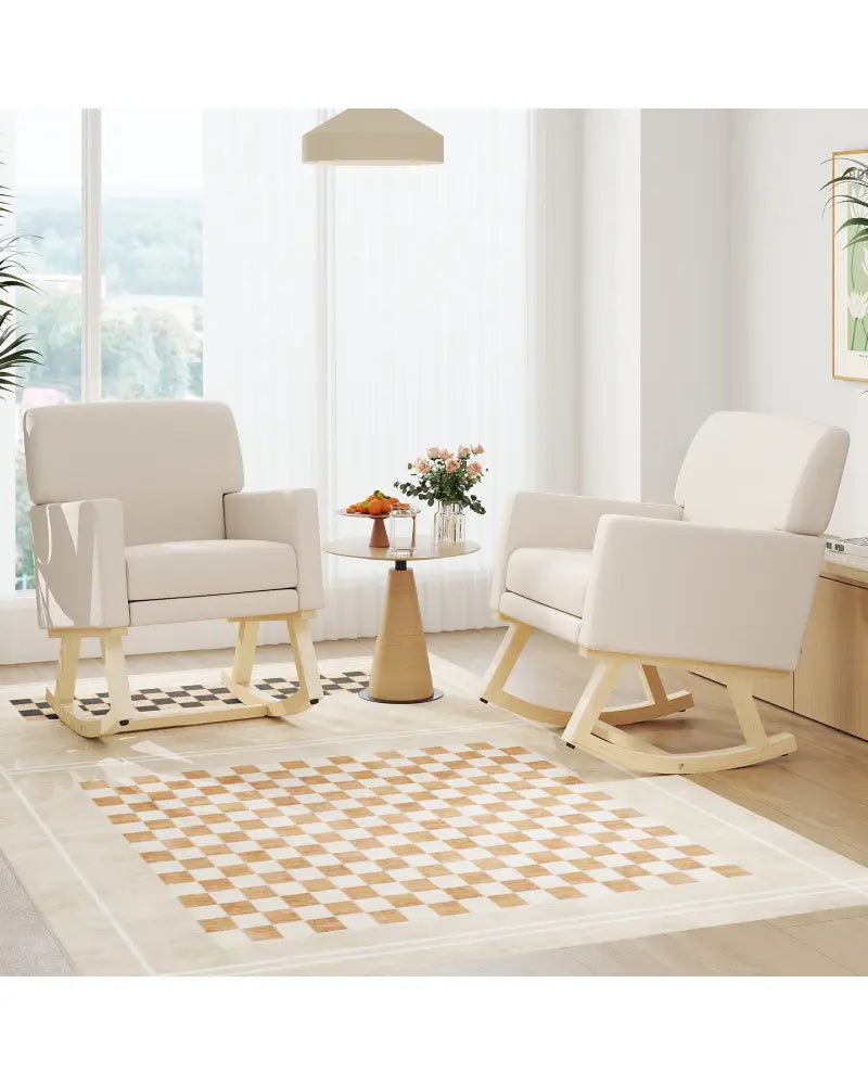 Upholstered Rocking Chair with and Solid Wood Base-Beige - Beige - Accent Chairs