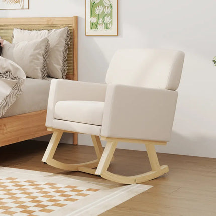 Upholstered Rocking Chair with and Solid Wood Base-Beige - Beige - Accent Chairs