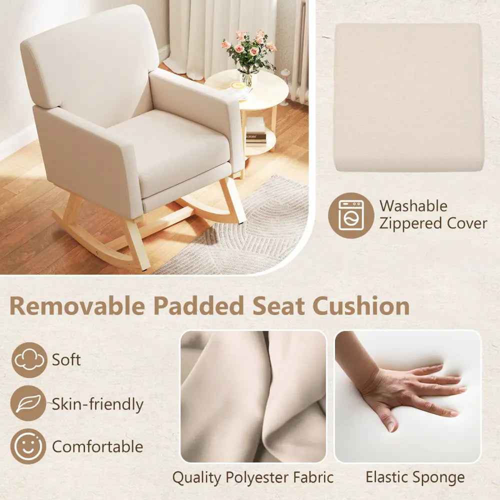 Upholstered Rocking Chair with and Solid Wood Base-Beige - Beige - Accent Chairs