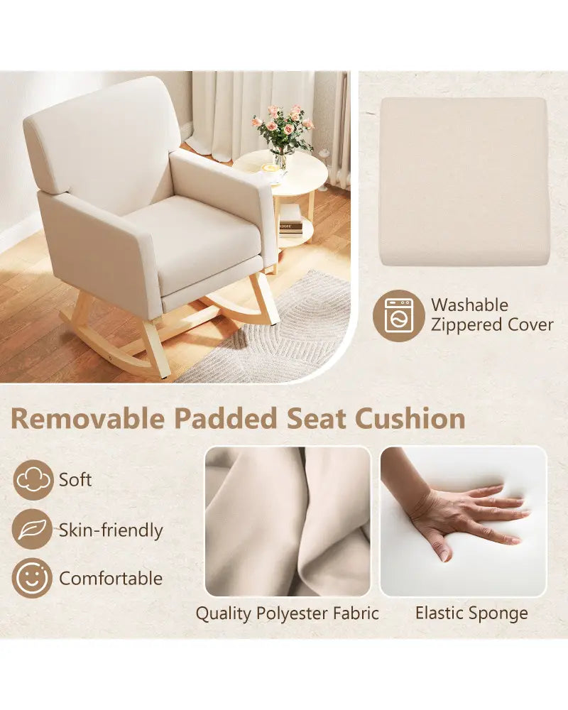 Upholstered Rocking Chair with and Solid Wood Base-Beige - Beige - Accent Chairs