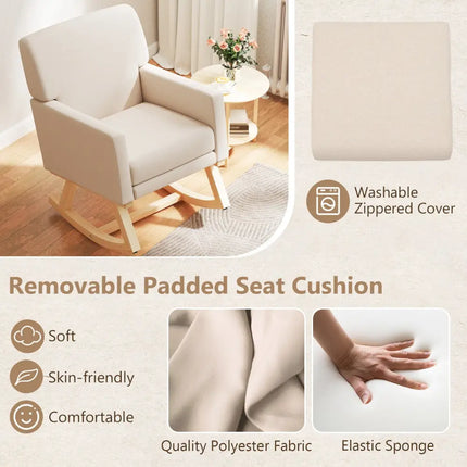 Upholstered Rocking Chair with and Solid Wood Base-Beige - Beige - Accent Chairs