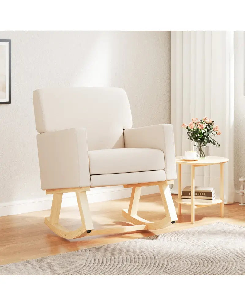 Upholstered Rocking Chair with and Solid Wood Base-Beige - Beige - Accent Chairs