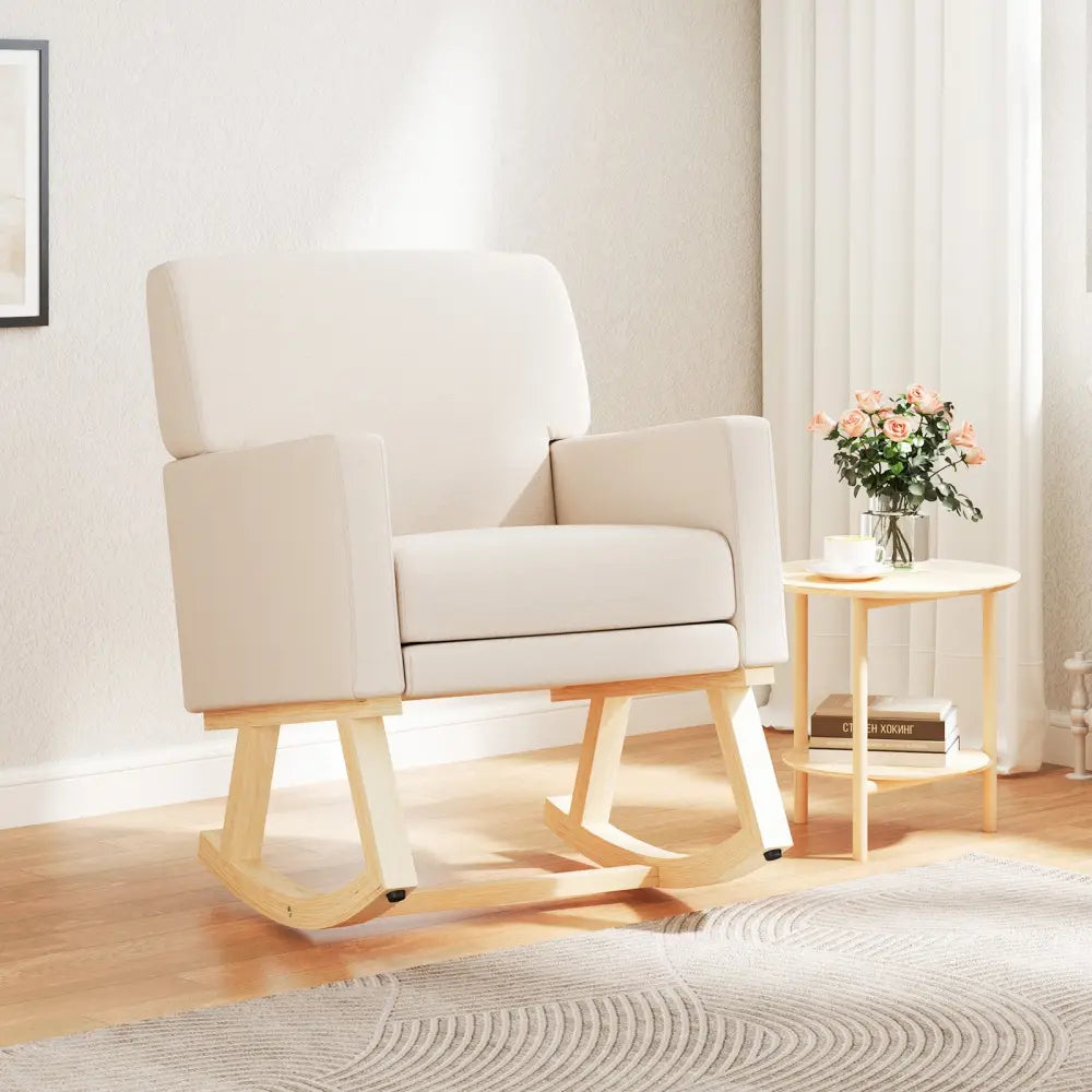 Upholstered Rocking Chair with and Solid Wood Base-Beige - Beige - Accent Chairs