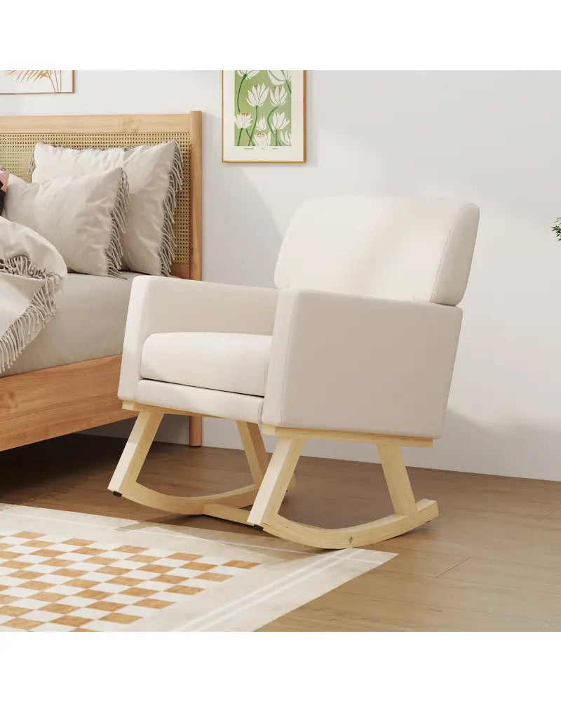 Upholstered Rocking Chair with and Solid Wood Base-Beige - Beige - Accent Chairs