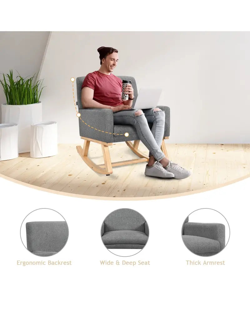Upholstered Rocking Chair with and Solid Wood Base-Gray - Gray - Accent Chairs