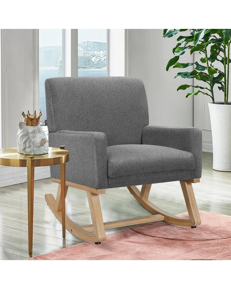 Upholstered Rocking Chair with and Solid Wood Base-Gray - Gray - Accent Chairs