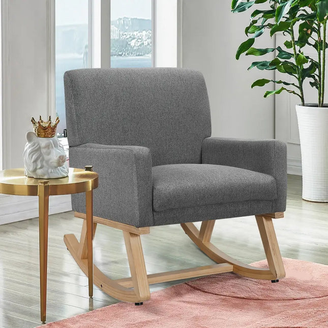 Upholstered Rocking Chair with and Solid Wood Base-Gray - Gray - Accent Chairs