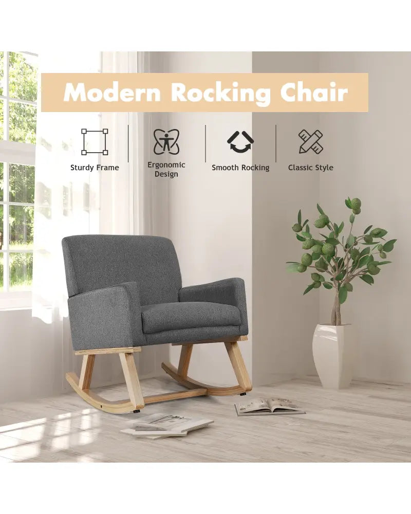 Upholstered Rocking Chair with and Solid Wood Base-Gray - Gray - Accent Chairs