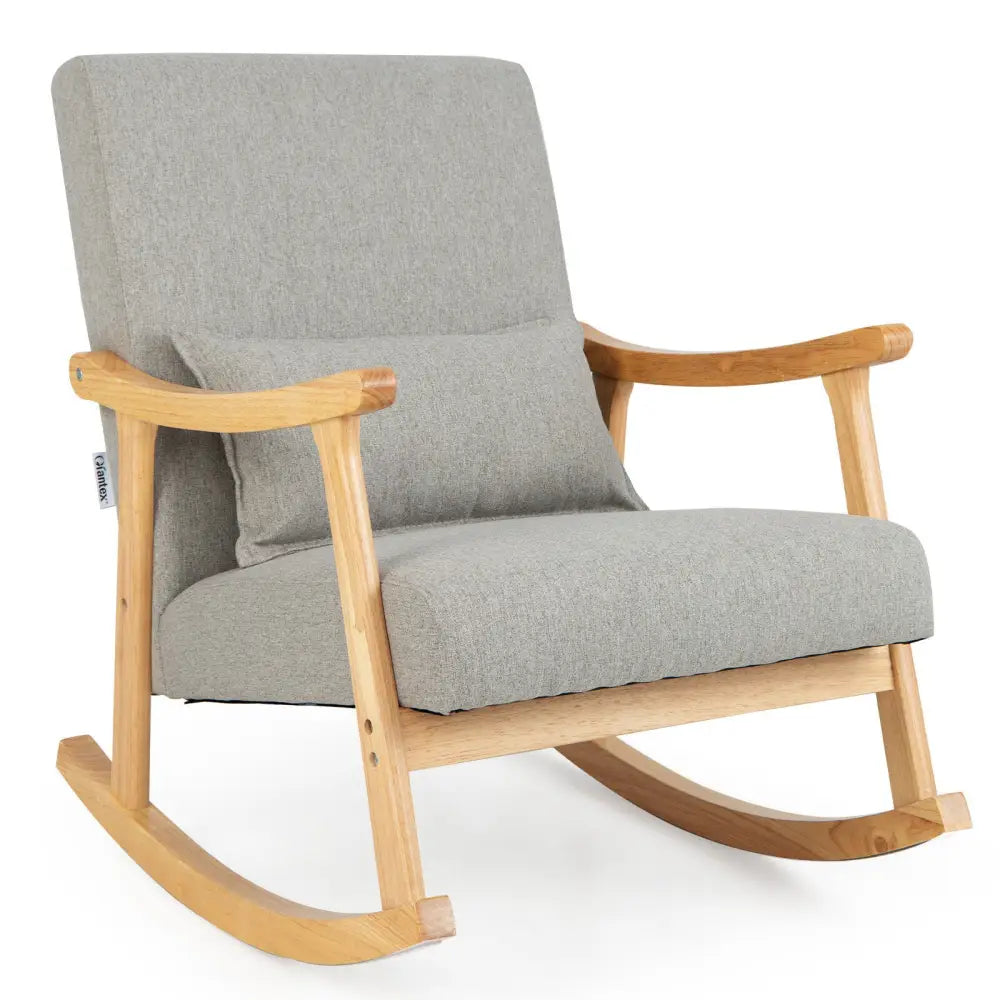 Upholstered Rocking Chair with Pillow and Rubber Wood Frame-Gray - Gray - Accent Chairs