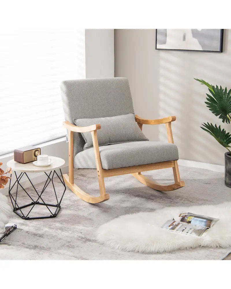Upholstered Rocking Chair with Pillow and Rubber Wood Frame-Gray - Gray - Accent Chairs