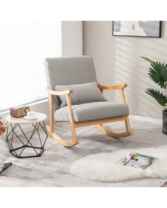Upholstered Rocking Chair with Pillow and Rubber Wood Frame-Gray - Gray - Accent Chairs