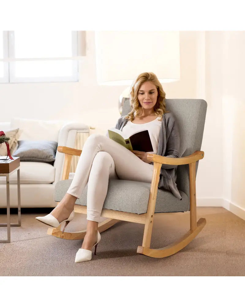 Upholstered Rocking Chair with Pillow and Rubber Wood Frame-Gray - Gray - Accent Chairs