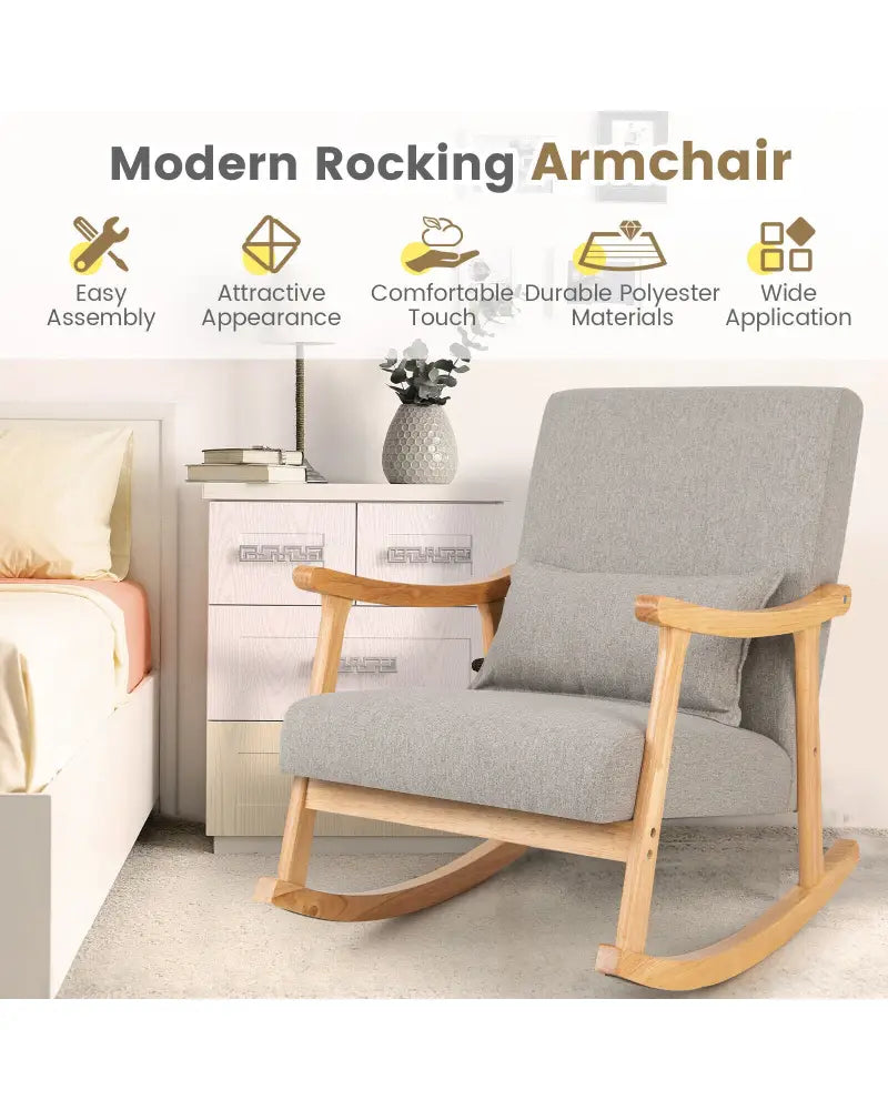 Upholstered Rocking Chair with Pillow and Rubber Wood Frame-Gray - Gray - Accent Chairs