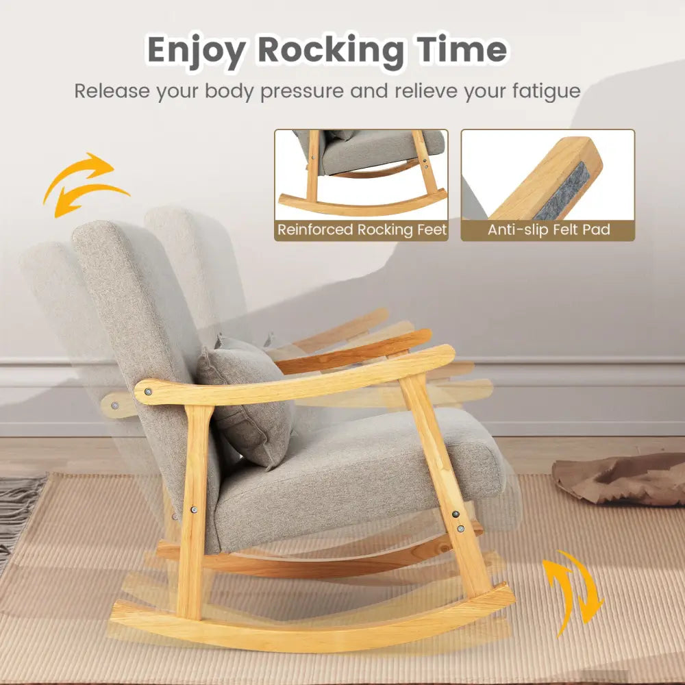 Upholstered Rocking Chair with Pillow and Rubber Wood Frame-Gray - Gray - Accent Chairs