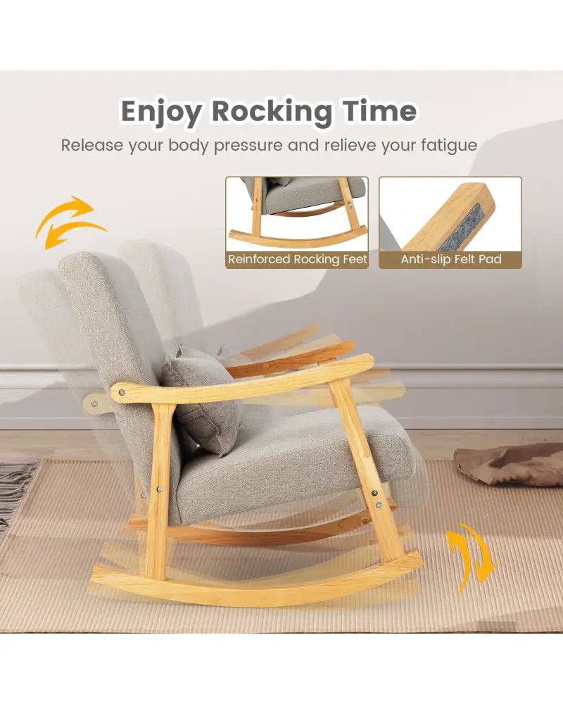 Upholstered Rocking Chair with Pillow and Rubber Wood Frame-Gray - Gray - Accent Chairs