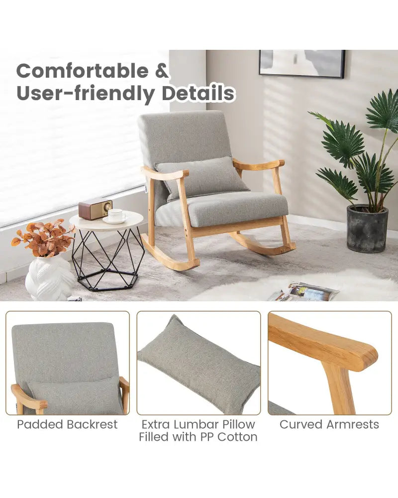 Upholstered Rocking Chair with Pillow and Rubber Wood Frame-Gray - Gray - Accent Chairs