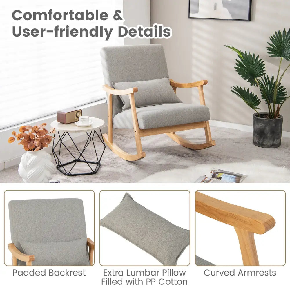 Upholstered Rocking Chair with Pillow and Rubber Wood Frame-Gray - Gray - Accent Chairs