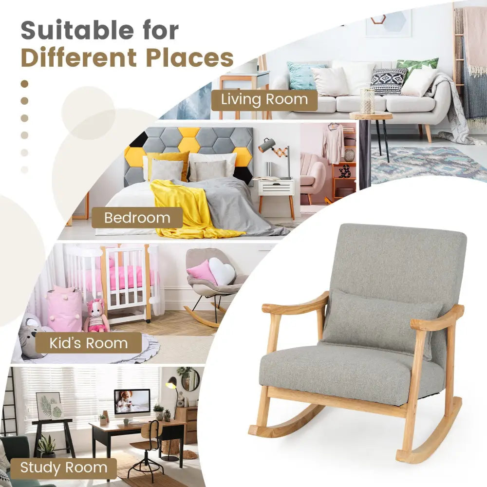 Upholstered Rocking Chair with Pillow and Rubber Wood Frame-Gray - Gray - Accent Chairs