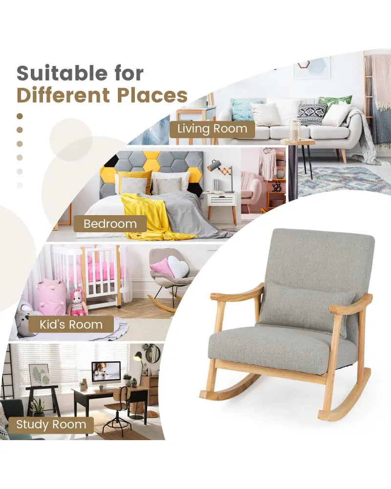 Upholstered Rocking Chair with Pillow and Rubber Wood Frame-Gray - Gray - Accent Chairs