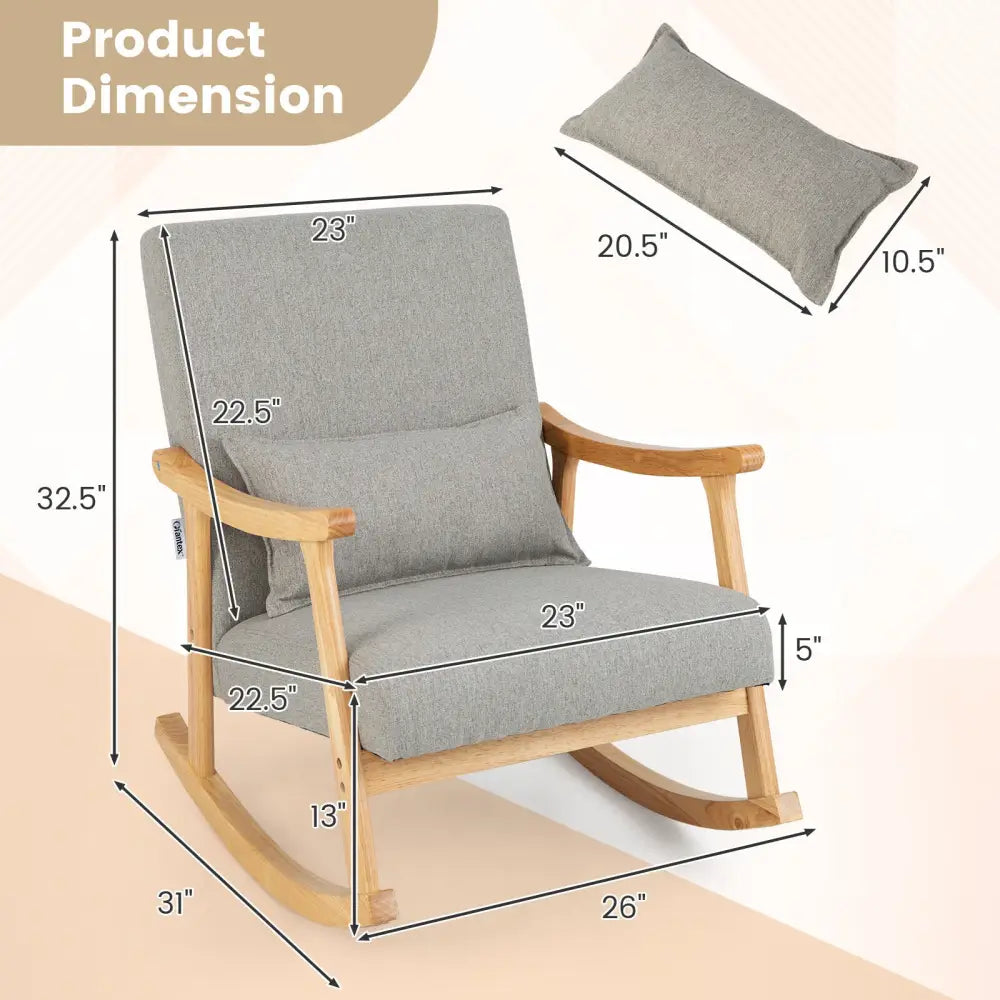 Upholstered Rocking Chair with Pillow and Rubber Wood Frame-Gray - Gray - Accent Chairs