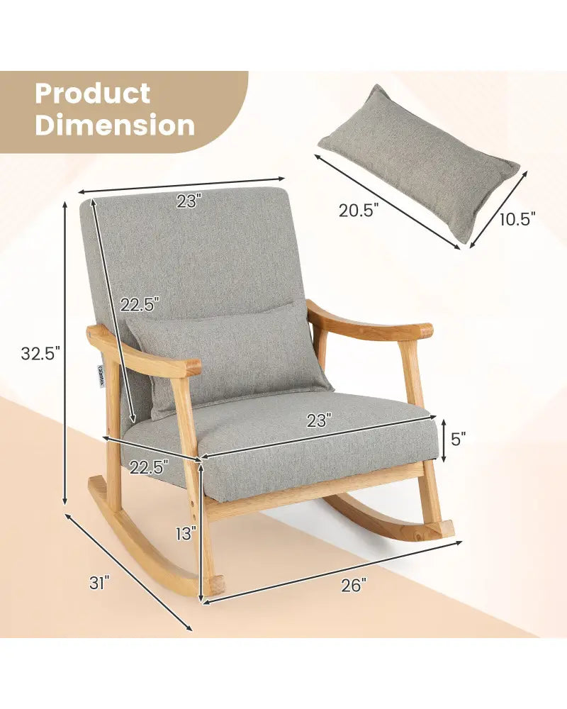 Upholstered Rocking Chair with Pillow and Rubber Wood Frame-Gray - Gray - Accent Chairs
