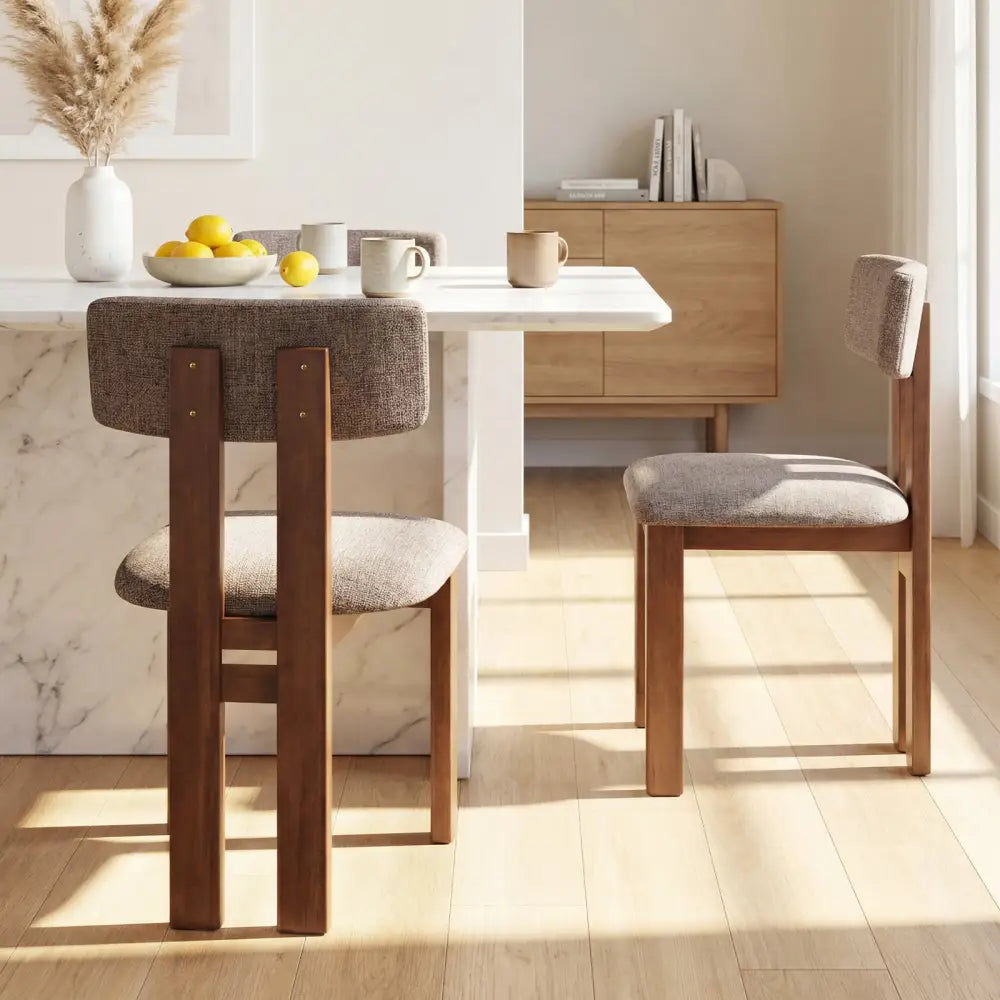 Upholstered Rubber Wood Dining Chairs Set of 2 with Curved Backrest-Walnut - Walnut - Dining Chairs