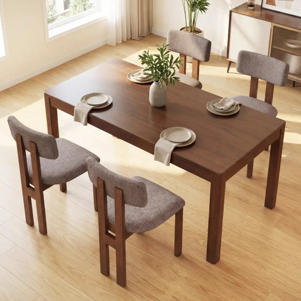 Upholstered Rubber Wood Dining Chairs Set of 4 with Curved Backrest-Walnut - Walnut - Dining Chairs