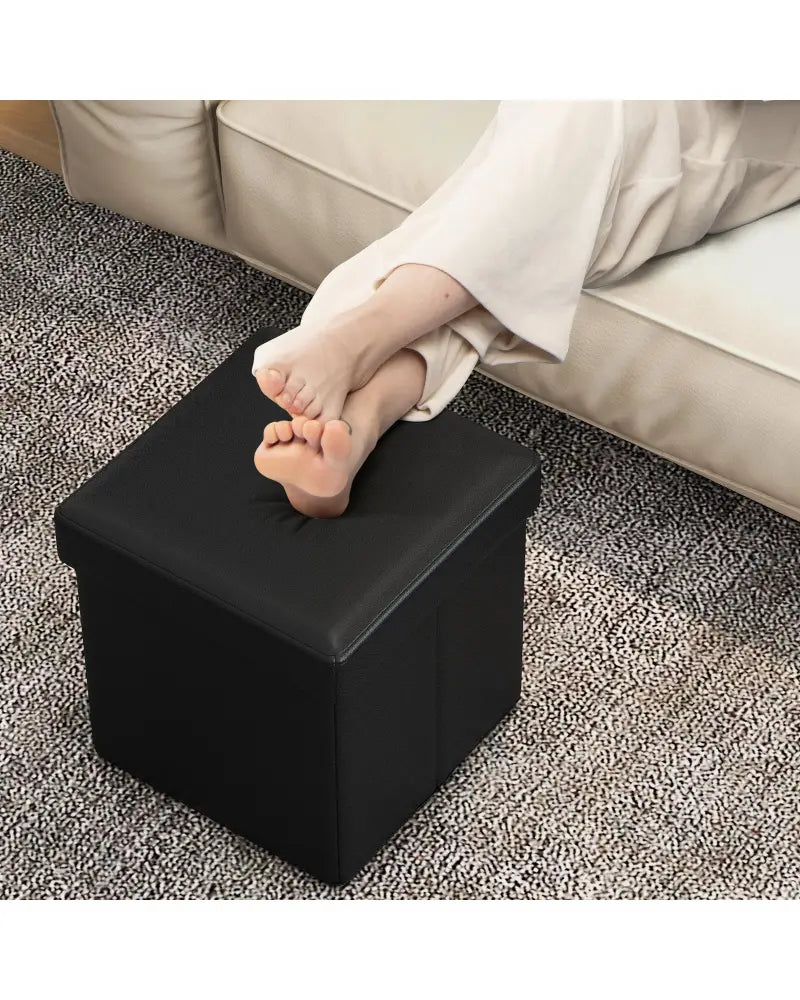 Upholstered Square Footstool with PVC Leather Surface for Bedroom-Black - Black - Shoe Racks & Storage Benches