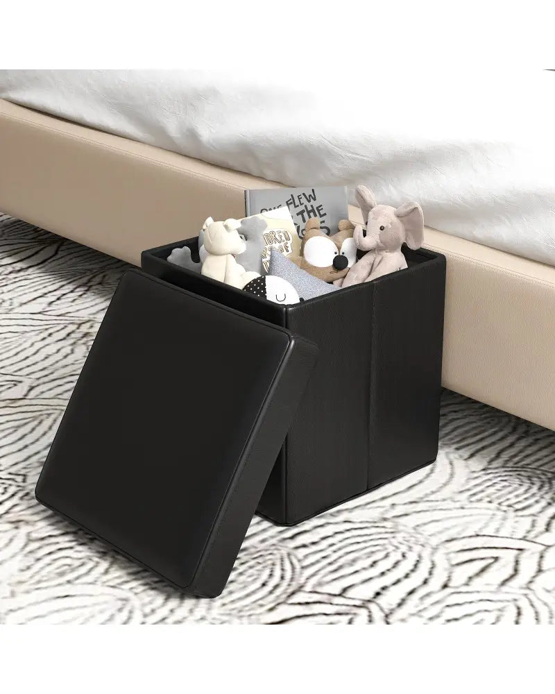 Upholstered Square Footstool with PVC Leather Surface for Bedroom-Black - Black - Shoe Racks & Storage Benches
