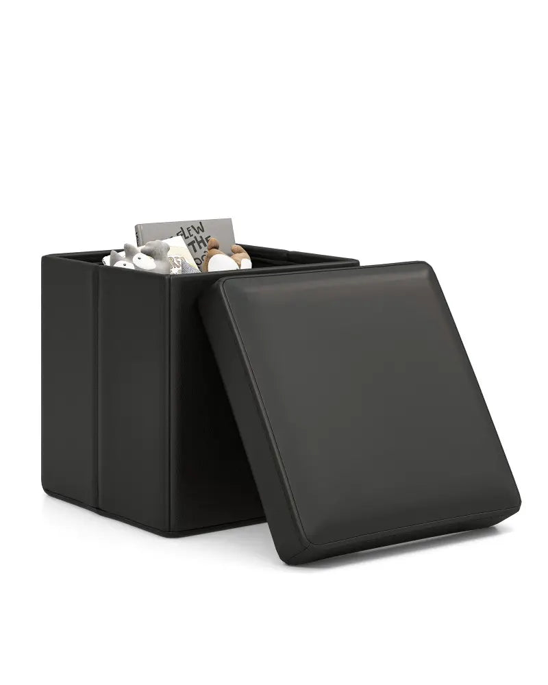 Upholstered Square Footstool with PVC Leather Surface for Bedroom-Black - Black - Shoe Racks & Storage Benches