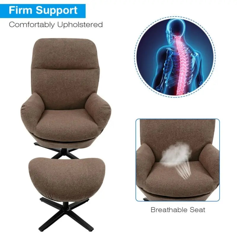 Upholstered Swivel Lounge Chair with Ottoman and Rocking Footstool-Brown - Brown - Accent Chairs