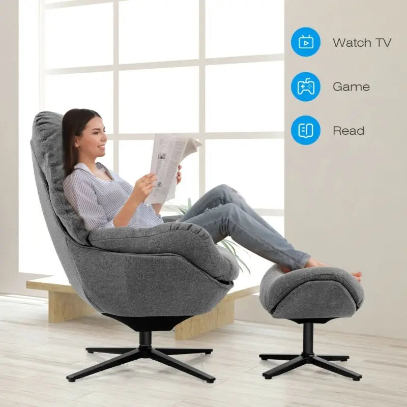 Upholstered Swivel Lounge Chair with Ottoman and Rocking Footstool-Gray - Gray - Accent Chairs