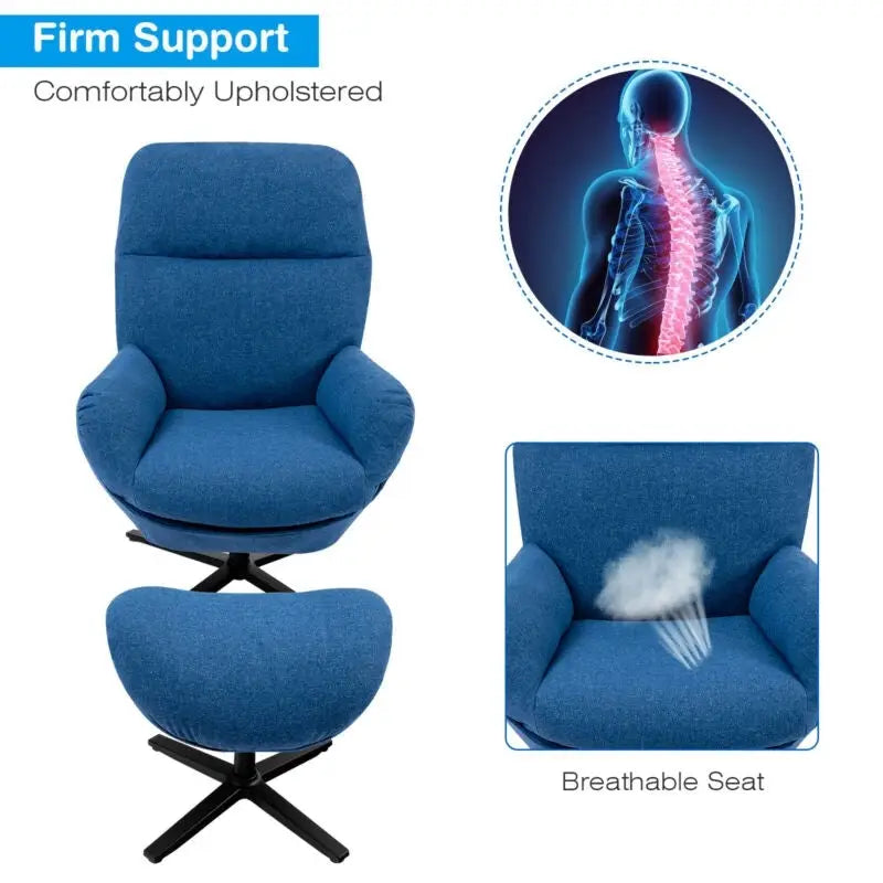 Upholstered Swivel Lounge Chair with Ottoman and Rocking Footstool-Blue - Blue - Accent Chairs
