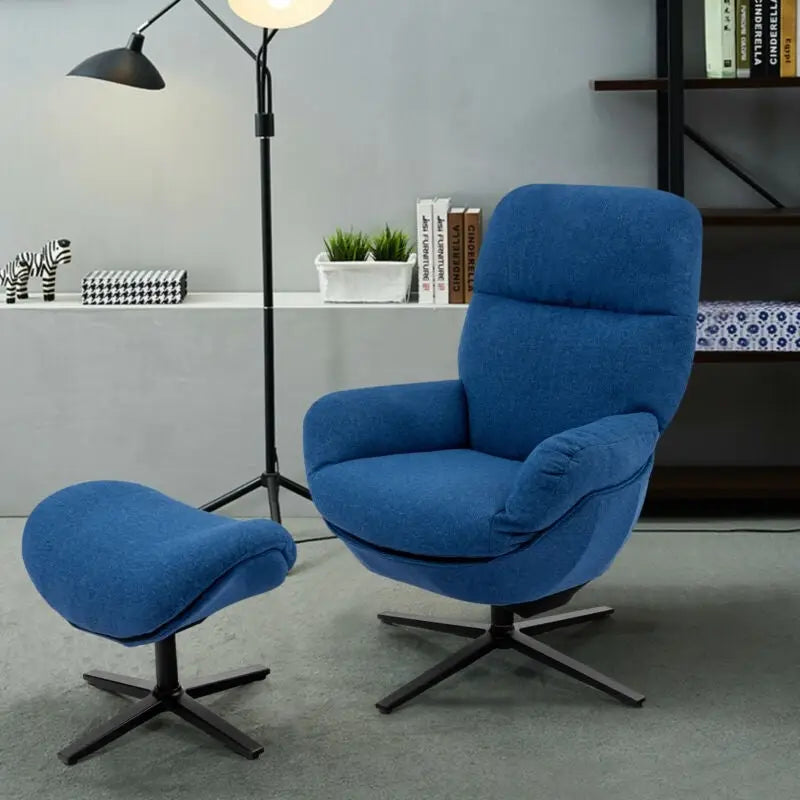 Upholstered Swivel Lounge Chair with Ottoman and Rocking Footstool-Blue - Blue - Accent Chairs