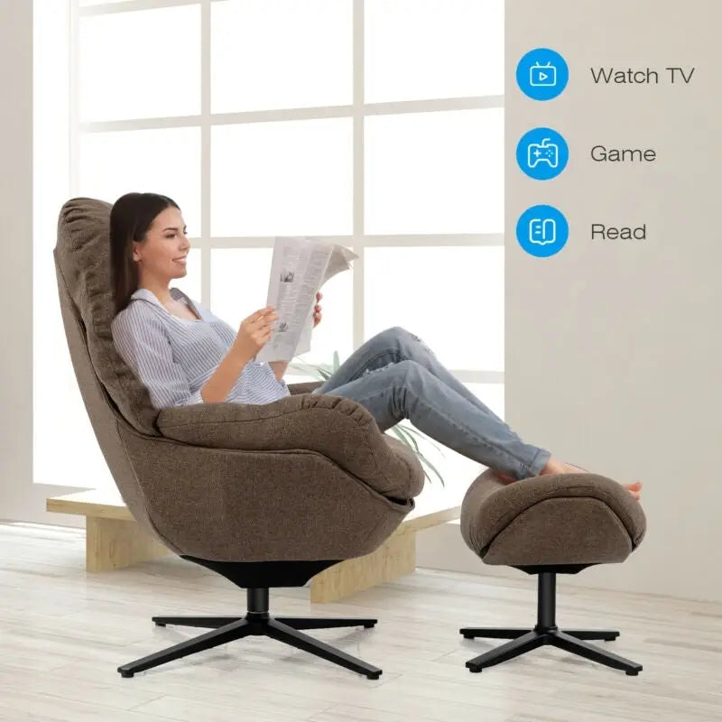 Upholstered Swivel Lounge Chair with Ottoman and Rocking Footstool-Brown - Brown - Accent Chairs