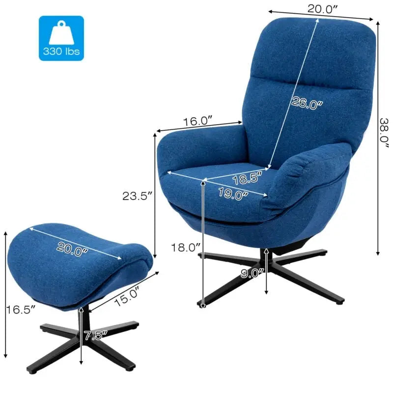 Upholstered Swivel Lounge Chair with Ottoman and Rocking Footstool-Blue - Blue - Accent Chairs