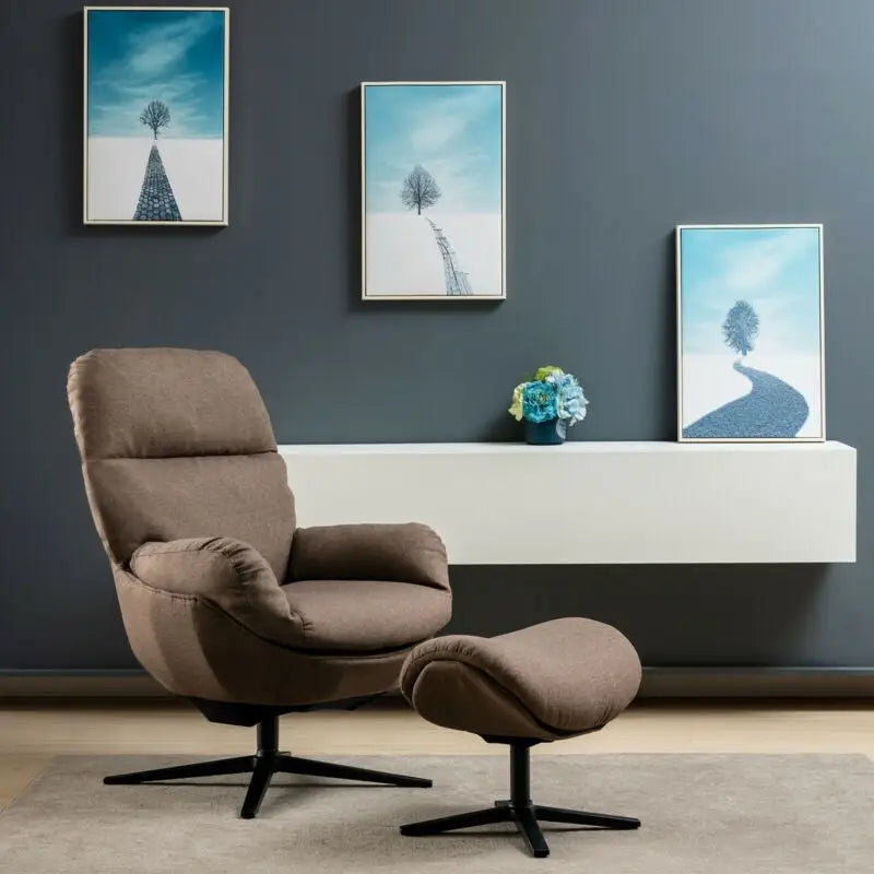 Upholstered Swivel Lounge Chair with Ottoman and Rocking Footstool-Brown - Brown - Accent Chairs