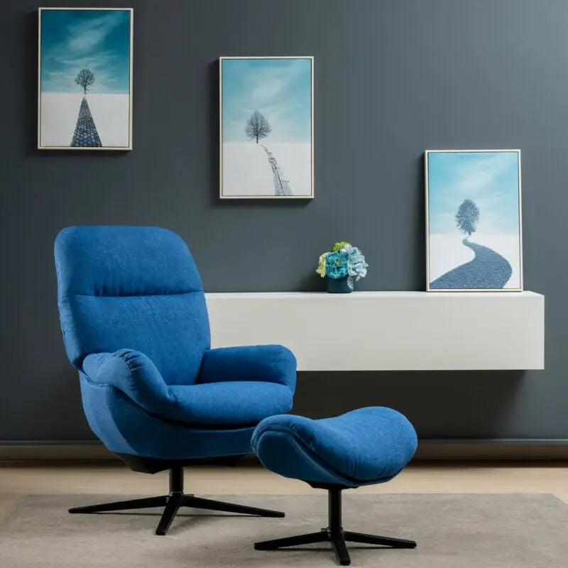 Upholstered Swivel Lounge Chair with Ottoman and Rocking Footstool-Blue - Blue - Accent Chairs