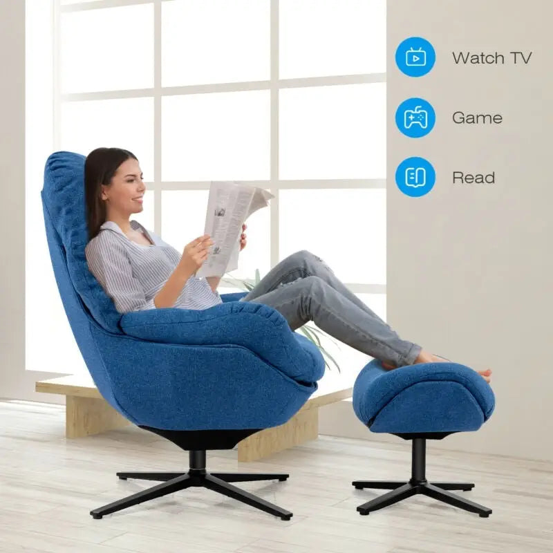 Upholstered Swivel Lounge Chair with Ottoman and Rocking Footstool-Blue - Blue - Accent Chairs