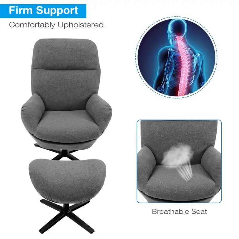 Upholstered Swivel Lounge Chair with Ottoman and Rocking Footstool-Gray - Gray - Accent Chairs