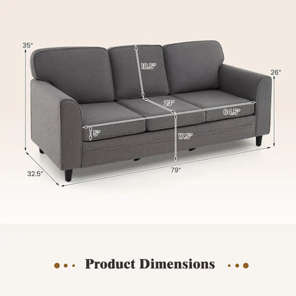 Upholstered Teddy Velvet 3-Seat Sofa with Comfy Back Pillows-Gray - Gray - Sofas & Loveseats