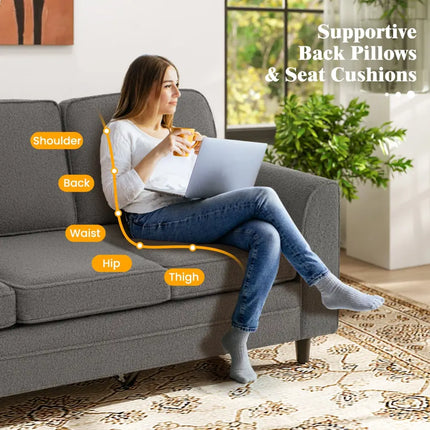 Upholstered Teddy Velvet 3-Seat Sofa with Comfy Back Pillows-Gray - Gray - Sofas & Loveseats