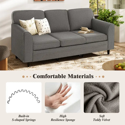 Upholstered Teddy Velvet 3-Seat Sofa with Comfy Back Pillows-Gray - Gray - Sofas & Loveseats